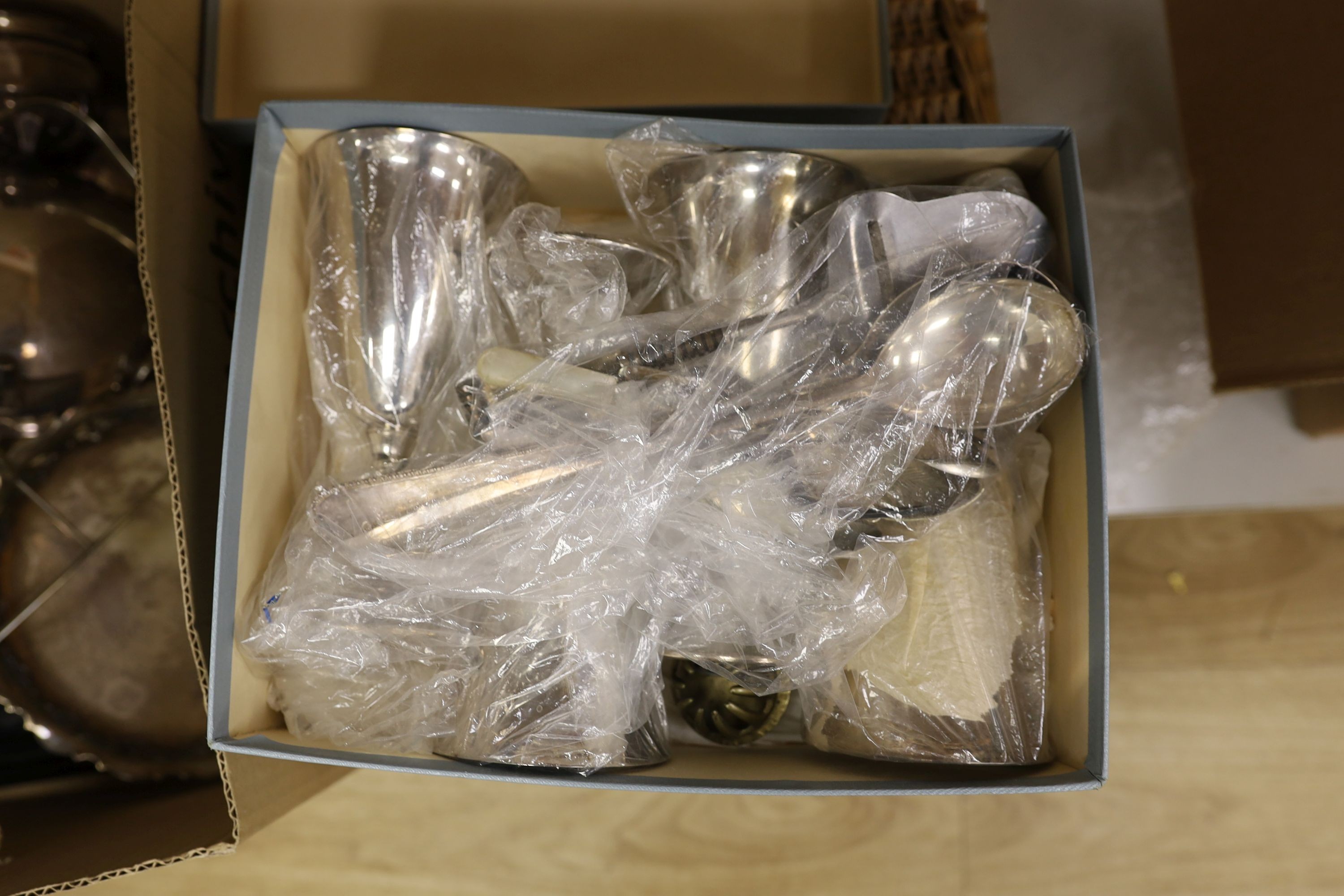 Two boxes of mixed silver plate